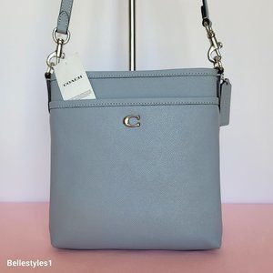 COACH Kitt Crossgrain Leather Messenger Crossbody- Grey Blue color ⭐